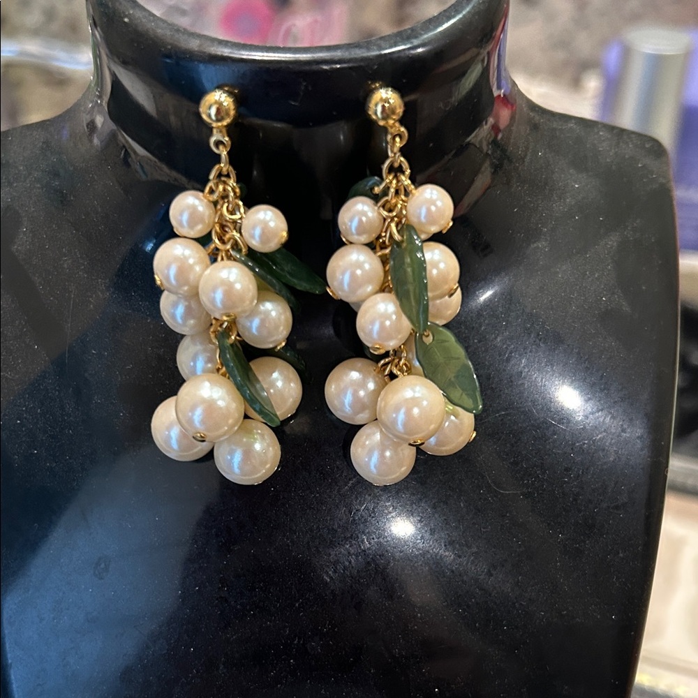 Monet Gold and Pearl Cluster Earrings with Green Accents